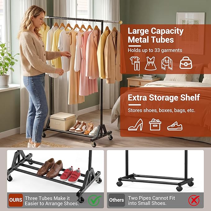 Rolling Garment Rack - Retractable Clothes Rack with Hanging Rods, Lockable Wheels and Bottom Storage Shelf - Sturdy Coat Rack, Freestanding Clothing Organizer for Bedroom, Laundry & Closet