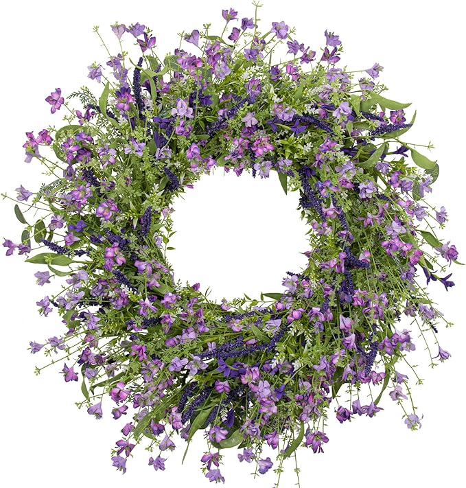 LLZLL Purple Spring Wreaths for Front Door 22 Inch Summer Wreath Artificial Violet Lavender Wreath with Eucalyptus Leaf for Spring Easter Home Decorations