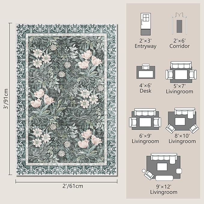 Washable Entry Vintage Floral with Ornate Border Rug 2x3 - Front Door Rugs Indoor, Non-Slip Bathroom Small Rugs, Vintage Floral Style Rug for Kitchen, Perfect for Entryway Décor