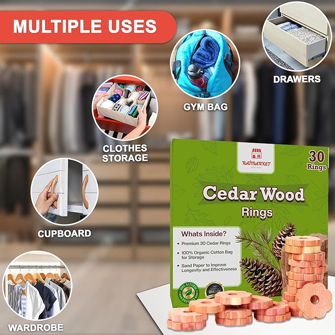 Cedar Blocks for Clothes Storage - Raimarket 30 Pack Cedar Rings - 100% Natural Aromatic Cedar Wood Chips for Closets, Wardrobe, Drawers & Shelves - Scented Wardrobe Freshener- Moisture Absorption