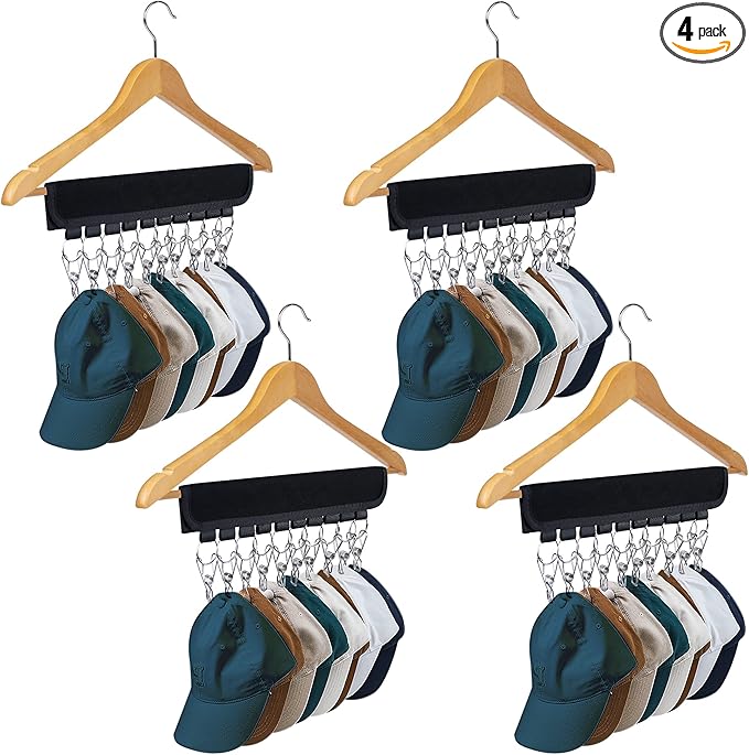 Hat Organizer Holder for Hanger & Room Closet, 4Pack Hat Storage Clips, for Hang Baseball Hats Rack, Ball Caps, Winter Beanie & Accessories, Not Including Hangers & Hats (4PC Black)