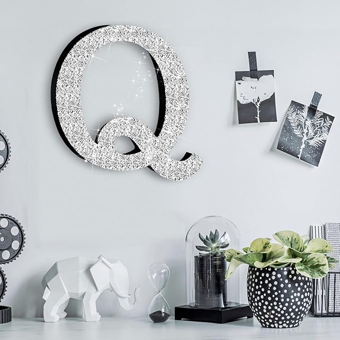 Qunclay 5.7" Silver Crystal Diamond Bling Letters Crushed Diamond Decoration Wooden Glitter Letter with Screw and Hooks Rhinestone Gift for Wedding Y2k Mcbling Bedroom Wall Decor (Letter Q)