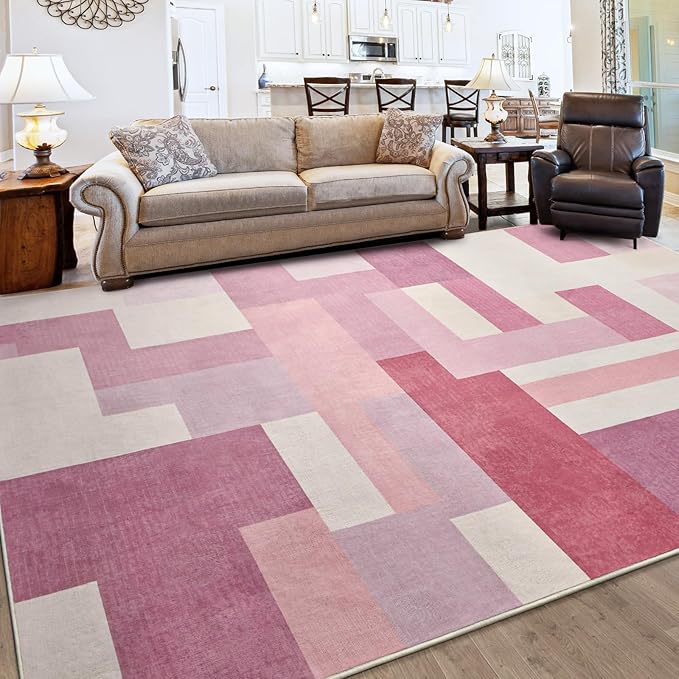 FlyDOIT Modern Geometric Patchwork Area Rug, 8x10 Pink Large Rugs for Living Room, Rockwood Collection Indoor Rugs for Bedroom, Throw Carpet Floor Decor for Entryway Dining Room Office Nursery