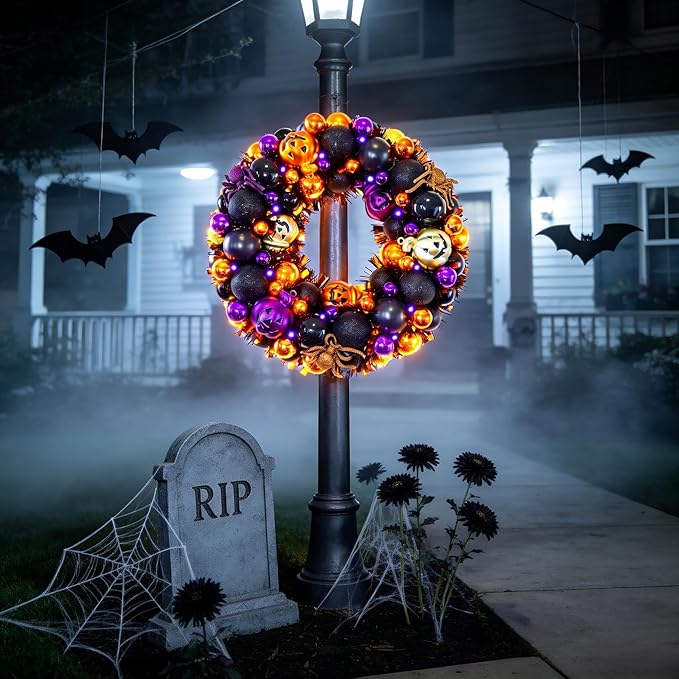HipTree 13.8 Inch Halloween Ball Wreath for Front Door with Lights, Lighted Cute Treat-or-Trick Door Wreath Ball Ornament for Halloween Indoor Decorations Centerpiece Party Holiday Wall Home Decor