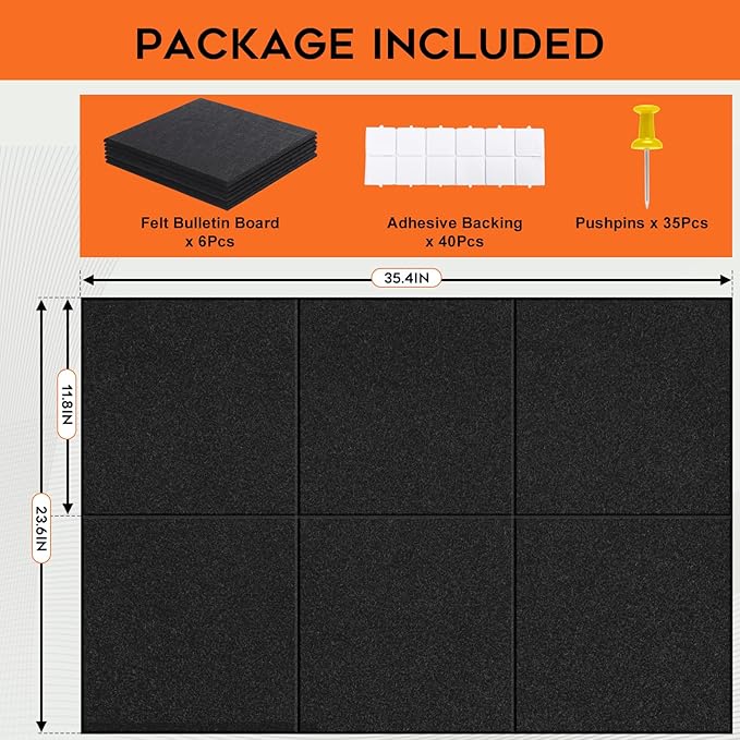 xydstay Felt Bulletin Board, Large Cork Board 36"x 24", 6 Pack Felt Wall Tiles with 35 Pcs Pushpins, Pin Boards for Office, Home & Classroom