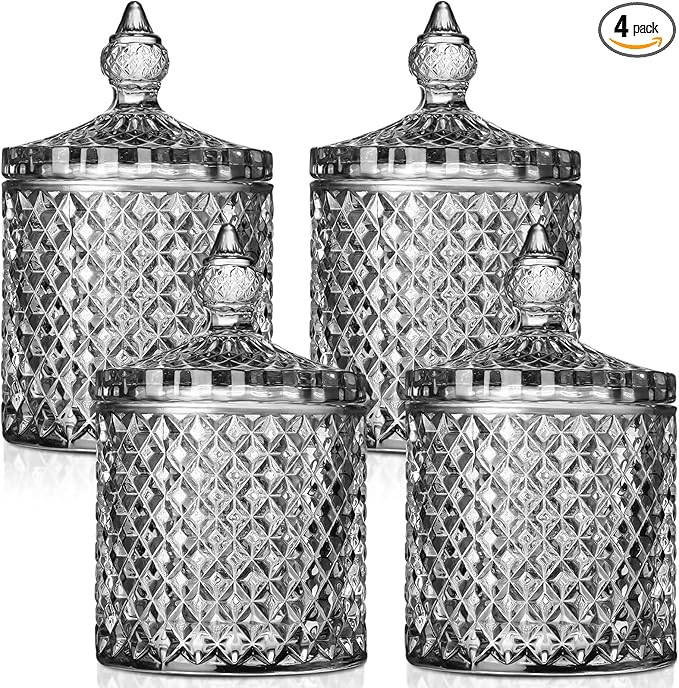 Aoriher 4 Pcs Crystal Glass Candy Jar Set with Lids Home Decorative Storage Jars for Apothecary, Bathroom, Kitchen, and Pantry, Ideal for Cotton Swabs and Jewelry(Large,Gray)