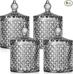 Aoriher 4 Pcs Crystal Glass Candy Jar Set with Lids Home Decorative Storage Jars for Apothecary, Bathroom, Kitchen, and Pantry, Ideal for Cotton Swabs and Jewelry(Large,Gray)