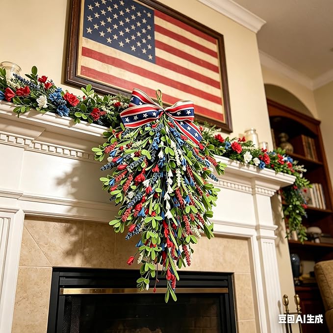 2 Pack 21'' Patriotic Teardrop Swag Wreaths for Cabinets Artificial 4th of July Swag Wreath with Red White Blue Floral and Berries for Independence Day Memorial Day Front Door Porch Window Wall Decor