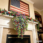 2 Pack 21'' Patriotic Teardrop Swag Wreaths for Cabinets Artificial 4th of July Swag Wreath with Red White Blue Floral and Berries for Independence Day Memorial Day Front Door Porch Window Wall Decor