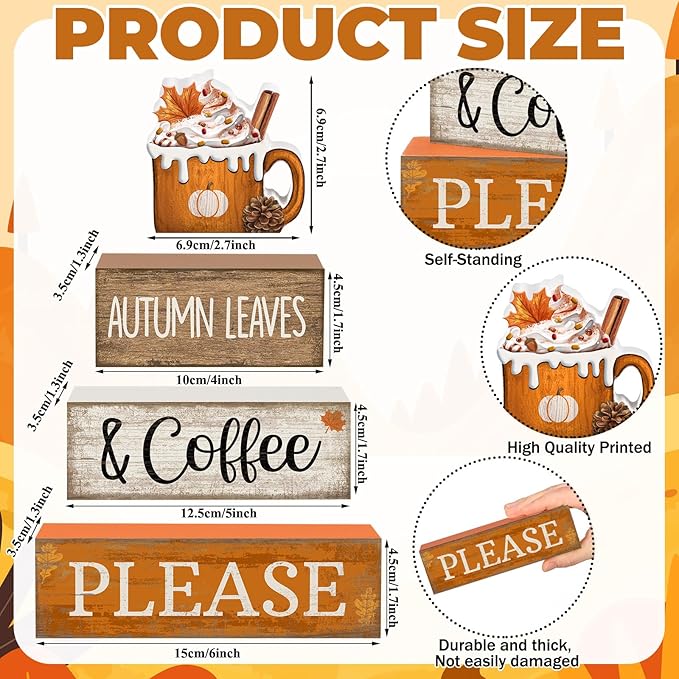 Lineshading 4 Pcs Fall Coffee Table Decor Fall Decoration for Home Wooden Stacked Block with Pumpkin Latte Topper Rustic Thanksgiving Tiered Tray Decor for Harvest Party Home Kitchen Coffee Bar