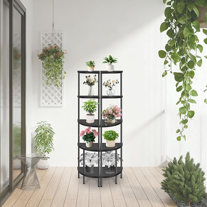 Qupui 5 Tier Plastic Corner Shelf Stand, 54” Tall 90° Right Angle Corner Bookshelf, Multipurpose Plant Display Rack, Home Organizer Shelves for Bedroom Living Room Office Balcony, Black