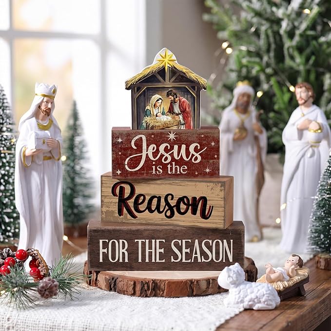 Moucuny 4 Pcs Christmas Table Decoration Christian Wooden Stacked Block, Jesus is the Reason for the Season Signs with Nativity Scene, Rustic Religious Christmas Tiered Tray Decor for Home Church