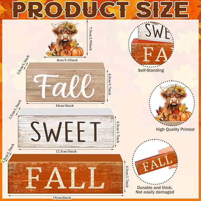 Moucuny 4 Pcs Fall Decoration for Highland Cow Home Fall Table Decor Wooden Stacked Block Decor with Sunflower Cow & Pumpkin Topper Rustic Thanksgiving Tiered Tray Decoration for Harvest Home Kitchen
