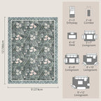 Washable 9x12 Area Rug - Light Green Vintage Floral with Ornate Border, Soft Low Pile Carpet for Living Room, Dining Room Under Table, Bedroom Non-Slip, Stain Resistant & Durable