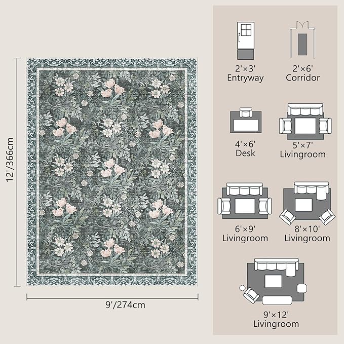 Washable 9x12 Area Rug - Light Green Vintage Floral with Ornate Border, Soft Low Pile Carpet for Living Room, Dining Room Under Table, Bedroom Non-Slip, Stain Resistant & Durable
