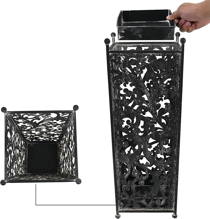 Vintage Metal Distressed Black Umbrella Holder 20"H Square Umbrella Stands with Removable Drip Tray Entryway Organizer Bucket for Foyer/Porch - Holds Multiple Umbrellas, Walking Sticks & Canes