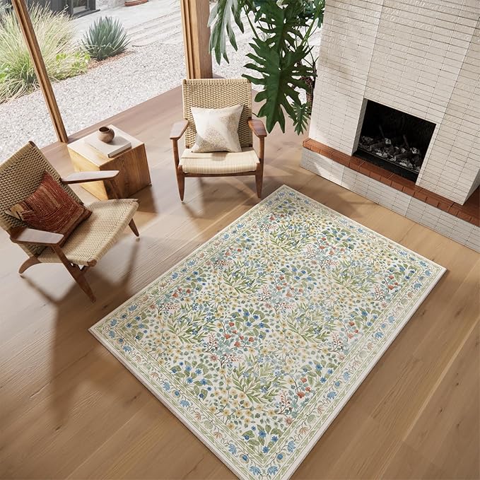 4x6 Feet Area Rug for Living Room Bedroom, Washable Non-Slip Large Rug, Ultra Soft Stain Resistant, Beige Green Distressed Floral Design