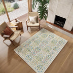 4x6 Feet Area Rug for Living Room Bedroom, Washable Non-Slip Large Rug, Ultra Soft Stain Resistant, Beige Green Distressed Floral Design