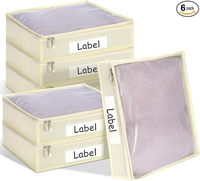 Panelee 6 Pcs 14 x 12 x 3 Inch Sweater Storage Bags Easy Gliding Zippered Sweater Package Organizer Closets Under The Bed Zippered Storage Bags with Label Pocket to Avoid Dust Dirt(Beige)