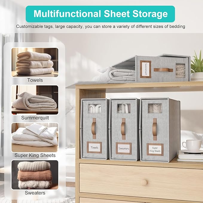 6 Pack Foldable Bed Sheets Set Organizers and Storage(Cal King Size),Linen Fabric Closet Organizers with Window,Folding Bedding Storage Box for Bedsheets and Pillow Cube Organizer-Gray