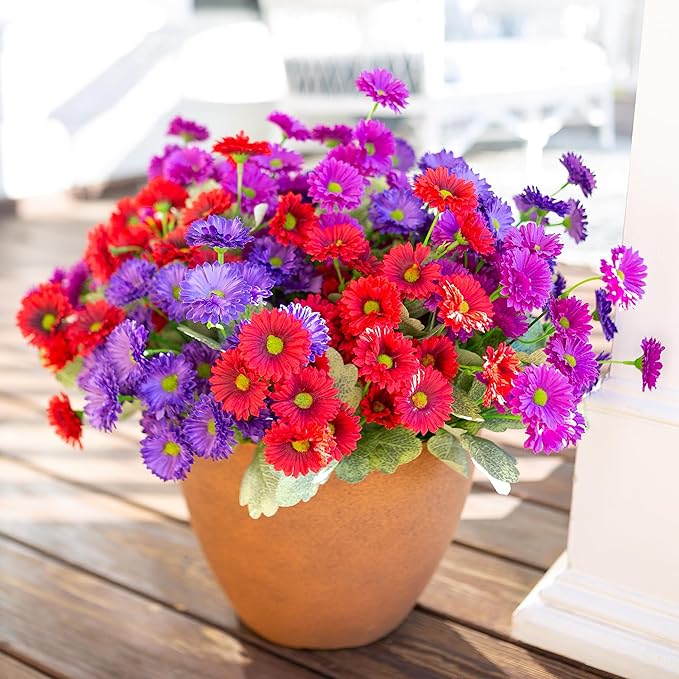 HyeFlora Artificial Flowers for Outdoors Fake Plants Spring Outside Decoration, 6 Bundles Dahlia Silk Daisy Realistic UV Resistant Faux Flowers for Outdoor Planter Balcony Porch Yard Garden Home, Mix