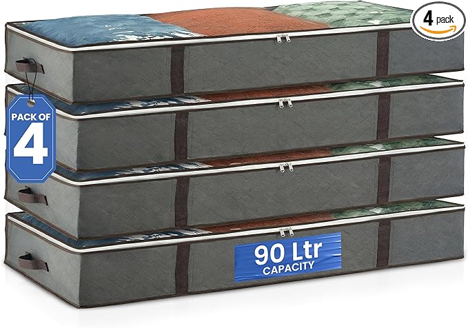 Underbed Storage Bags 4-Pack - Foldable Under Bed Storage Organizer for Clothes, Bedroom Blankets, Comforter, Pillows, Linen Sheets, Towels, Sweaters, Shoe Drawers - Ideal for College Dorms (Grey)