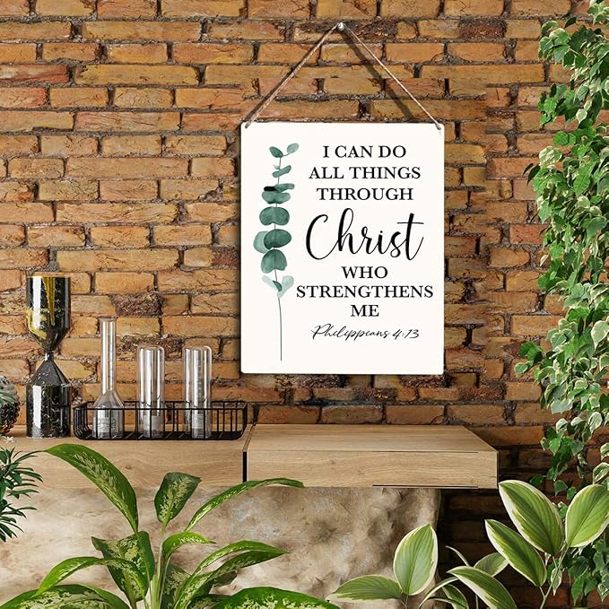 Christian Inspirational Wall Art I Can Do All Things Through Christ Who Strengthens Me Philippians 4:13 Wooden Hanging Sign Christian Bible Verse Wall Art Rustic Home Office Decoration 8 x 10 Inches