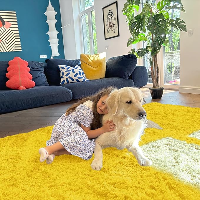 OLANLY 2x3 Machine Washable Small Bedside Rug, Soft Fluffy Shaggy Entryway Throw Rugs for Bedroom, Living Room, Indoor Floor Carpet for Kids Girls and Boys, Nursery Rooms, Home Decor Aesthetic, Yellow