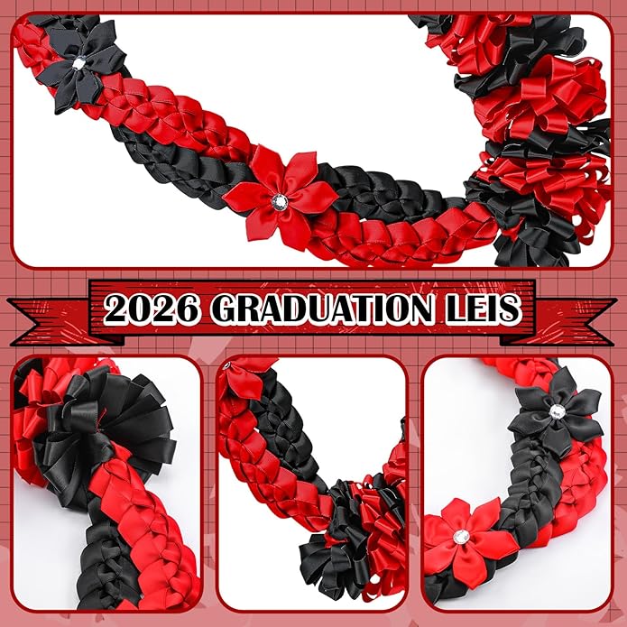 Canlierr Graduation Leis Class of 2026 Grad Ribbon Leis Double Braided Necklace Hawaiian Flower Garland with Heart Kukui Nut for Man Woman Graduation Party Supplies