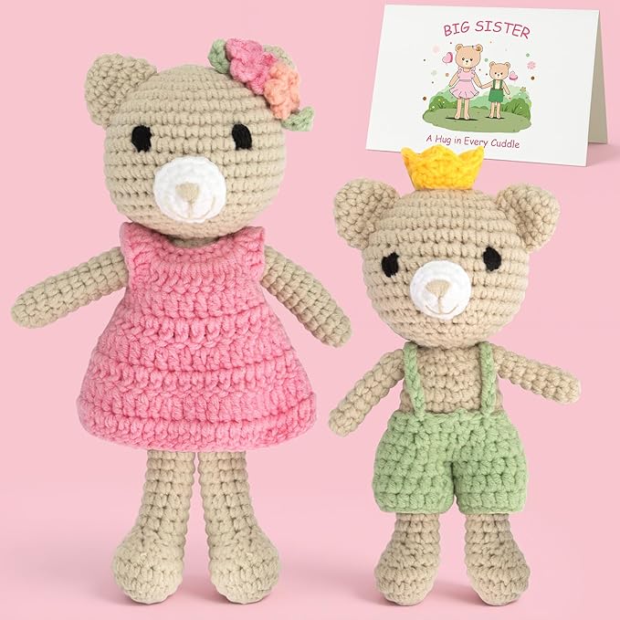 Big Sister Crochet Gift – Big Sister Little Brother Bear Dolls, Handmade Matching Stuffed Animals for Sibling Celebration, Older Sister Gift