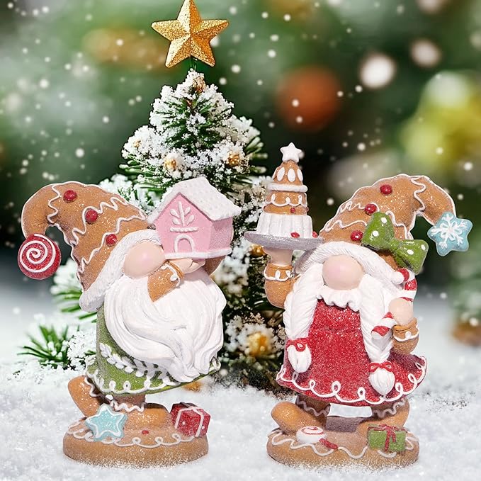 Hodao 2PCS Christmas Gingerbread Man Gnome Decorations - Handmade Swedish Tomte Figurines for Home Decor New Year Gifts (2pcs Brown)