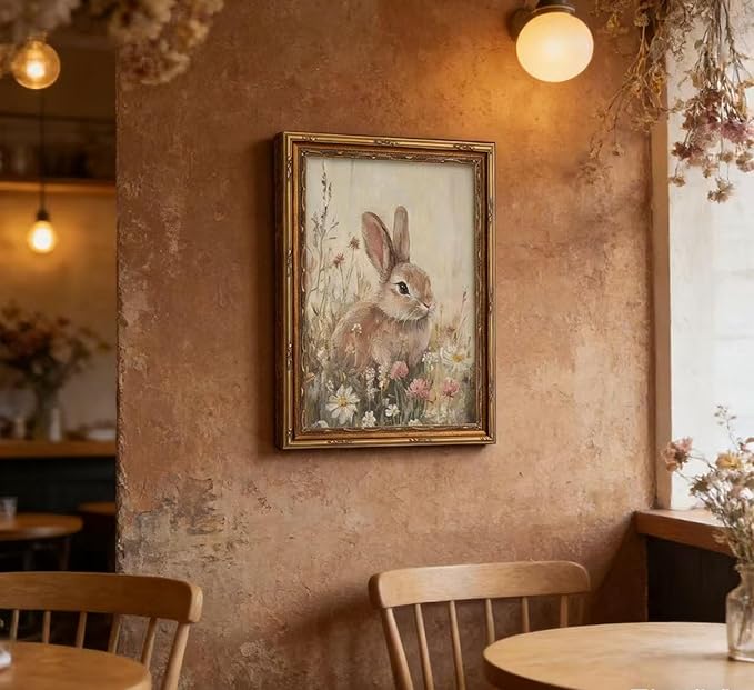 Vintage Gold Framed Bunny Wall Art, Spring Rabbit and Wildflowers Cottagecore Painting Canvas Print, Country Animal Picture Wall Decor Rustic Farmhouse Floral Poster Artwork for Living Room Bedroom