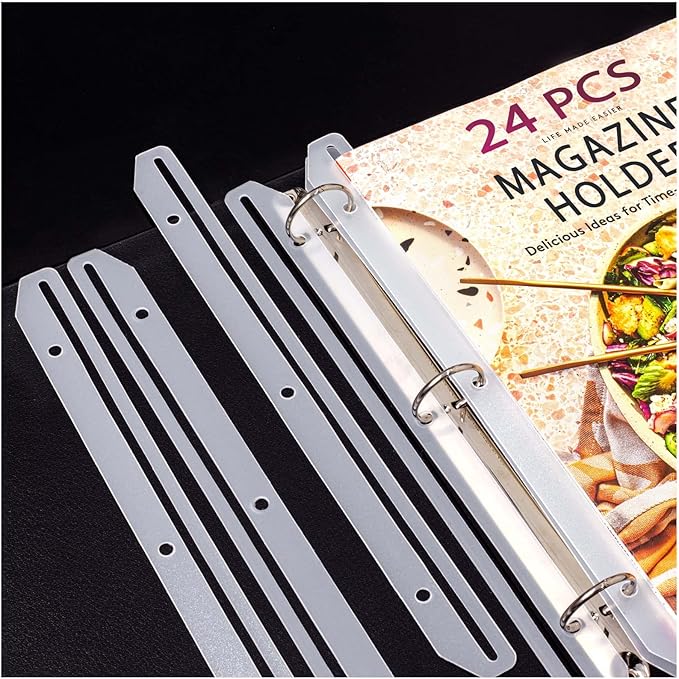 tutata 24Pcs 3 Hole Punched Magazine Holders, Magazine Organizer, 3 Ring Binder Insert Strips, Translucent White