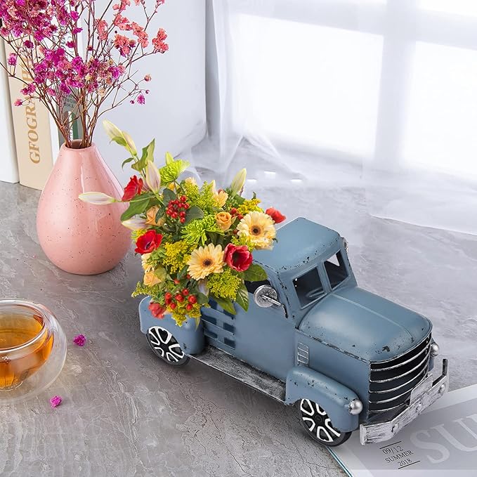 Blue Truck Decor Metal Small Cute Farm Car Decor Vintage Tree Flowers Handcrafted Decor Blue Metal Car Gift Boxes Pickup Truck Model
