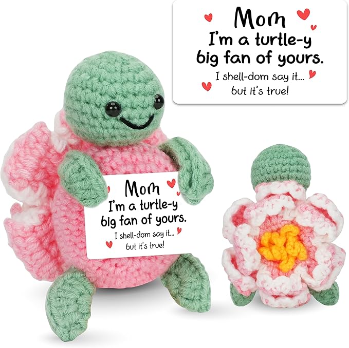 HEXMOZ Gifts for Mom from Daughter, Son - Birthday Gift, Ideas for Mothers, Mamas, Mother-in-Law - Handmade Collectible Turtle Peony Doll Crochet Emotional Support with Positive Card