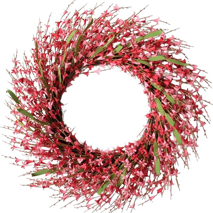 26 Inch Spring Wreaths for Front Door, Large Artificial Forsythia Flowers Wreath, Spring Summer Floral Wreath All Season for Home, Wall, Window, Porch, Wedding, Farmhouse Decor (Pink)