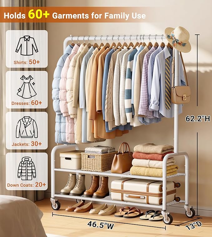 AOODA Heavy Duty Clothes Rack with Shelves, 46.5'' Metal Rolling Clothing Racks for Hanging Clothes, Wardrobe Garment Rack with Lockable Wheels for Coats, Shirts, Shoe Boxes (White)