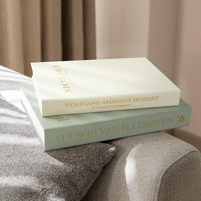 1DOT2 Aesthetic Decorative Books -Set of 2 Minimalist Linen Hardcover Faux/Fake Books for Coffee Table Home Decor Living Room Decoration, Photo Storage or as a Keepsake Box(Sage-beige-musician)