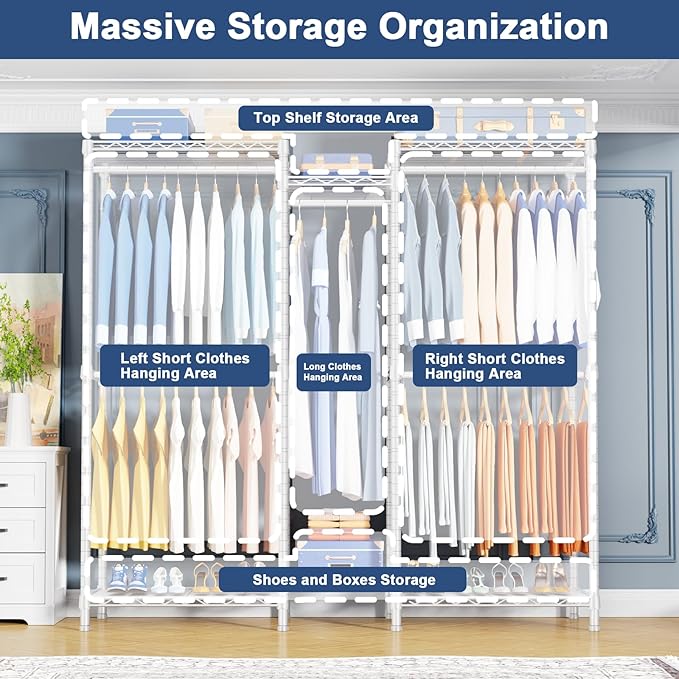 Ulif E12C Heavy Duty Closet Organizer System，Freestanding Clothing Rack, Adjustable Garment Rack 57.1" W x 16" D x 76.5" H Holds 860 lbs, White Clothing Rack with White Dustproof Cover
