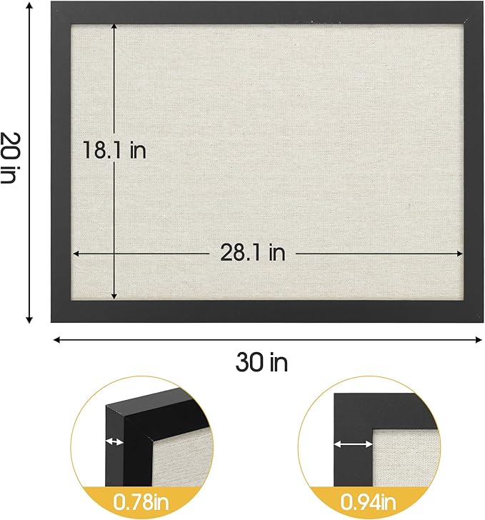 AKTOP Cork Board Bulletin Board with Linen 20" X 30", Large Framed Corkboard for Wall, Hanging Pin Board Picture Board for Home Office Decor, Cute Vision Board with Pushpins (Vintage Black)