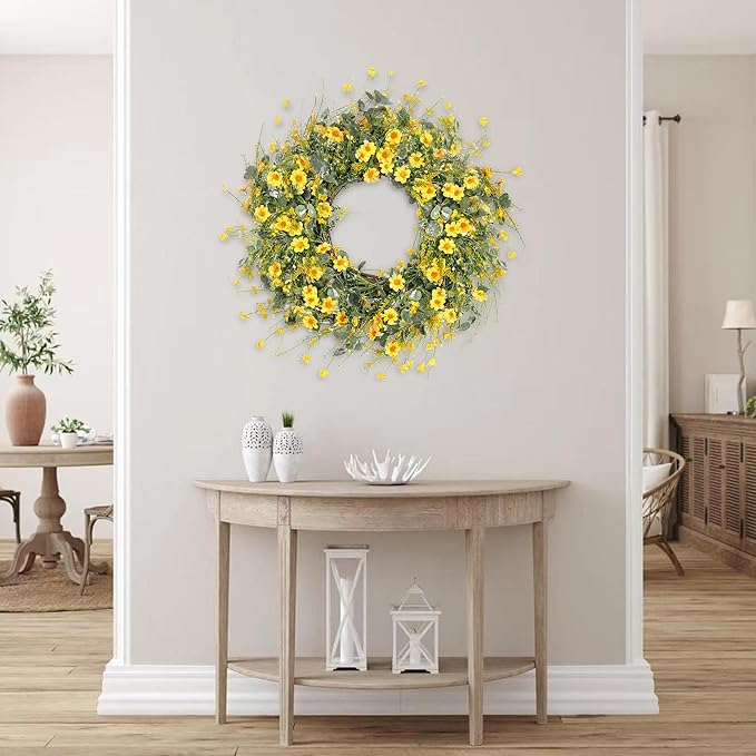 Sggvecsy Yellow Daisy Wreath 24 Inch Spring Summer Wreath Fake Silk Floral Wreath with Green Eucalyptus Leaves and Lavender for Front Door Window Wall Wedding Farmhouse Festival Decor