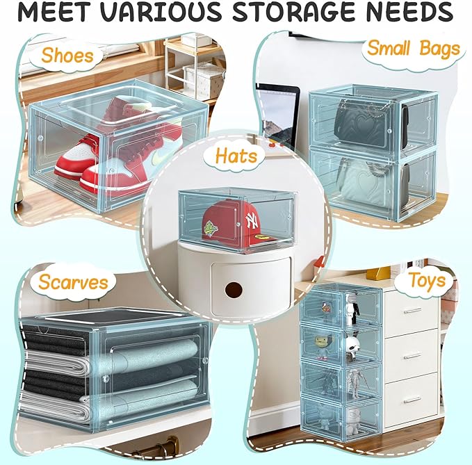 6 Pack Hat Organizer Box, Stackable Clear Baseball Caps Holder Box Containers with Magnetic Door for Hats Snapback Cap Storag, Hat Rack Display Case, Holds 8 Hats Each (Blue)