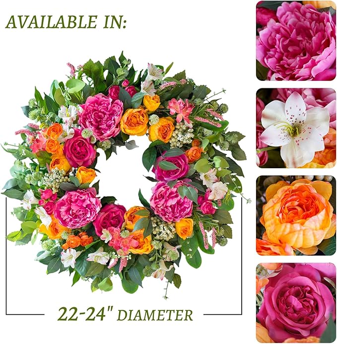 24 Inch Spring Wreaths for Front Door Outside,Handcrafted Garden Rose & Peony Style Summer Wreath with Pink,Orange Ivory Flowers- Lush Spring Door Wreath for Farmhouse Home Wall Porch Window