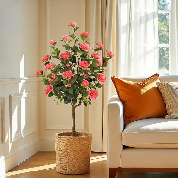 Bellacat 4ft Artificial Camellia Tree with Silk Pink Flowers, 48in Faux Camellia Plant with Lifelike Trunk, Fake Flower Tree Potted Front Door Plants for Porch Patio Deck Living Room Decor, 2Pack