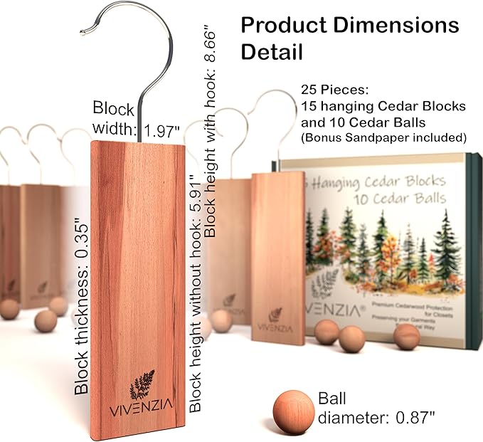 Cedar Blocks for Clothes Storage 25pcs (15 Hang-ups, 10 Balls), Cedar Blocks for Closet, Cedar for Closets, Cedar Planks, Natural Closet Smell Eliminator, Natural Closet Deodorizer