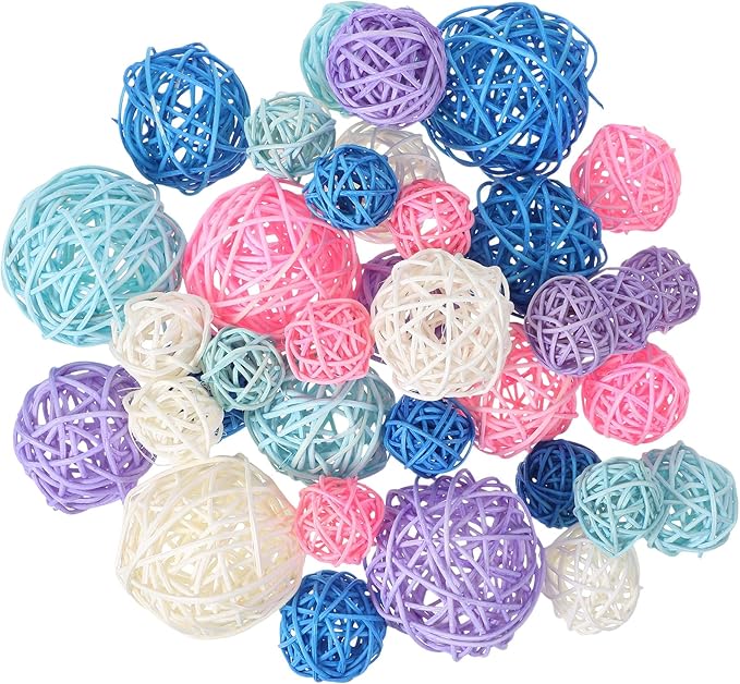 Patelai 36 Pcs Wicker Rattan Balls Decorative Balls for Vase Centerpiece Bowls Orbs Filler for Home Decor,4 Sizes(White, Pink, Green, Grey, Blue,2.4'',2'',1.6'',1.2'')