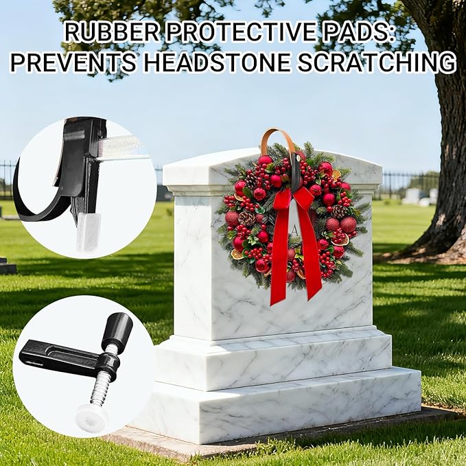 Graves Wreath Hanger,2 Packs Galvanise Headstone Wreath Stand, - Sturdy Steel with Locking Buckle,Easily Holds 20 lbs,Fit 1 to 5 Wide Inches Gravestones,Cemetery Decoratio,Black,Never Blown Away