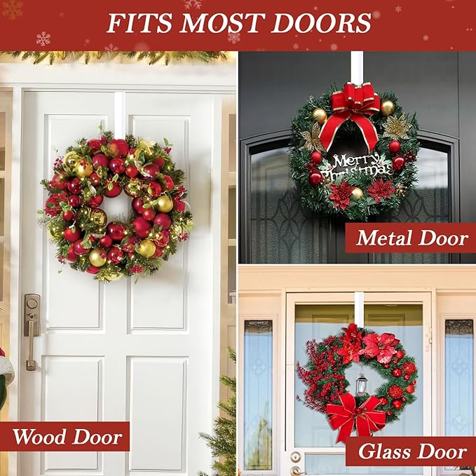 12" Metal Wreath Hanger for Front Door, Non-Scratch, 2 Pack White Wreath Hanger Heavy Duty, Over-the-Door Hooks for Hanging Welcome Sign, Wreath Holder for Easter, Halloween, Christmas Decorations