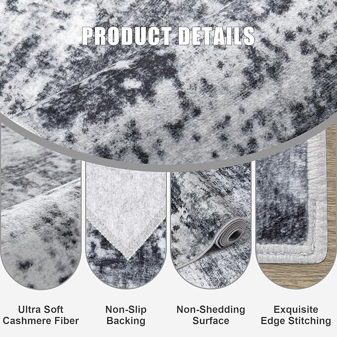 Round Area Rug for Living Room: 4 ft Washable Modern Abstract Soft Thin Rug Indoor Floor No Slip Stain Resistant Carpet for Bedroom Dining Room Farmhouse Nursery Home Office - Dark Black
