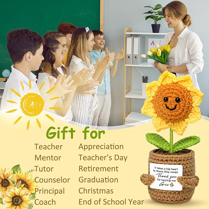 Teacher Gift from Student Teacher Appreciation Gifts for Women Crochet Sunflower Handmade Doll with Positive Card - Thank You for Helping Me Grow Mothers Day Birthday Gift Collectible Doll